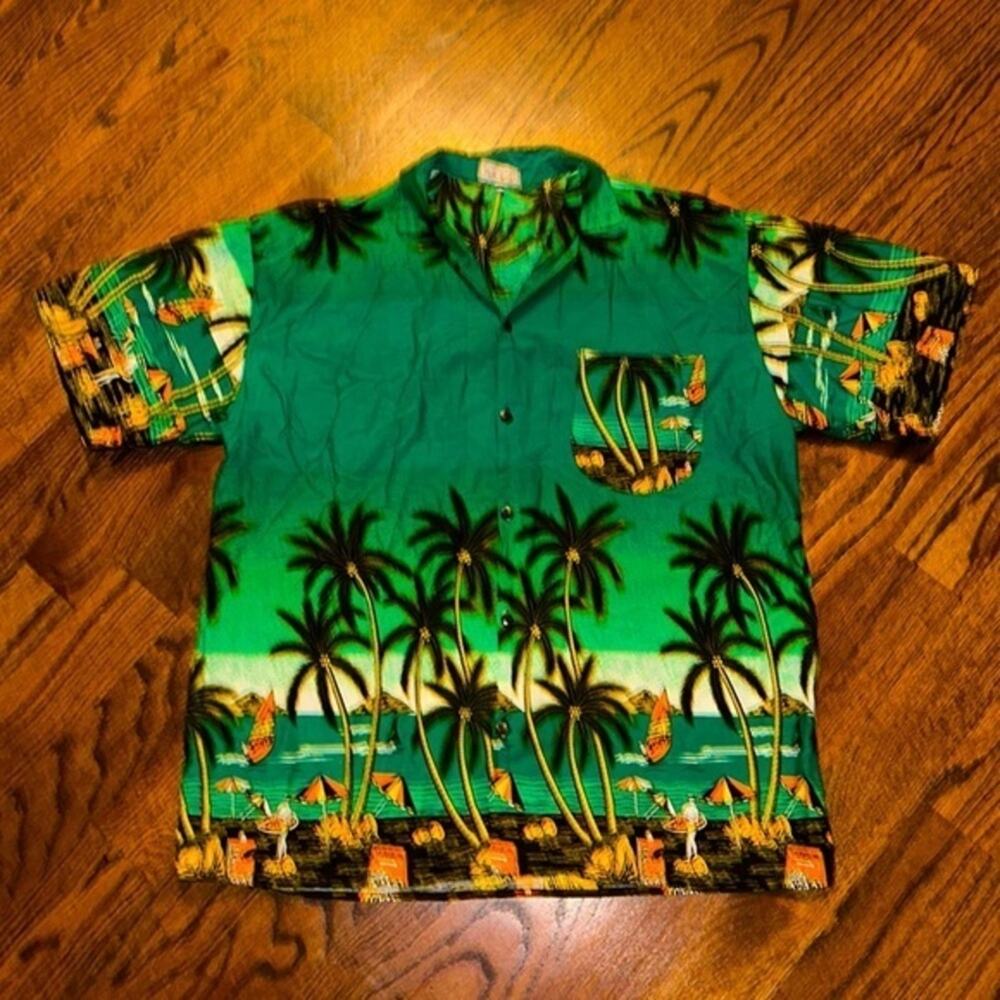Fun Bright Green Vintage Fun-Wear Hawaiian Shirt Size XL 100% Rayon